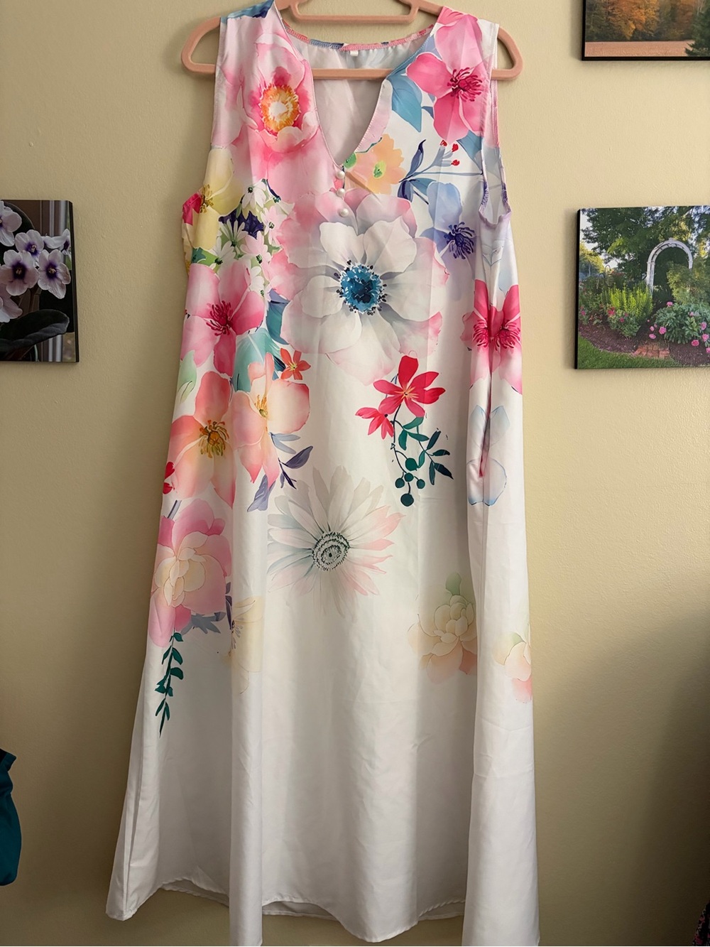 Sleeveless White Maxi Dress with Pink & Blue Floral Print